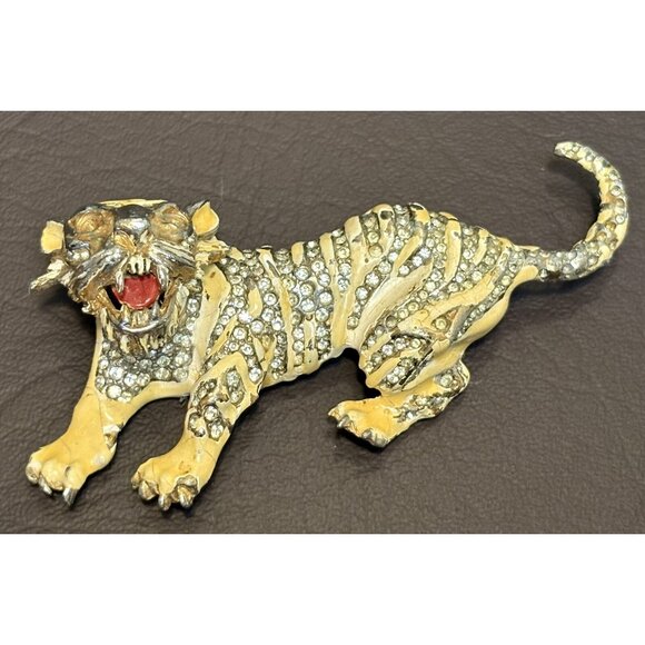 LARGE RARE KJL KENNETH J LANE RHINESTONE ENAMEL TIGER BROOCH PIN READ - Picture 1 of 13
